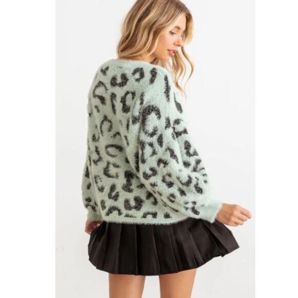 Mint Animal Print Fuzzy Knit Sweater - Picture 3 of 3